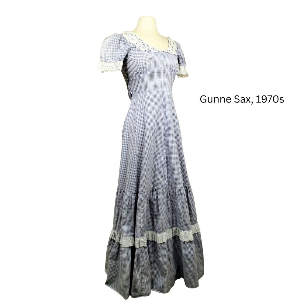 Vtg 70s Gunne Sax Maxi Dress cotton lace collar gingham blue check XS - Picture 3 of 9